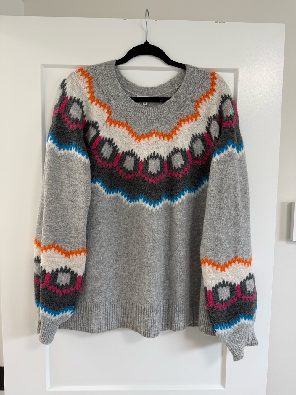 Reitmans Gray Fair Isle Crewneck Sweater with Orange, Pink and Blue Accents